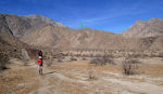 Vi nåede op til pilen på bjergkammen overfor. På vejen ud fulgte vi den officielle sti fra Anza-Borrego Besøgscenter til campingpladsen og tog derfra Panorama Overlook stien. På tilbagevejen går vi tværs over ørkenen.