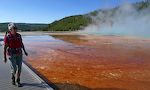 Farverne omkring Grand Prismatic Spring er utrolige. De skyldes mikrober, som trives i det varme vand. Farverne omkring Grand Prismatic Spring er utrolige. De skyldes mikrober, som trives i det varme vand.