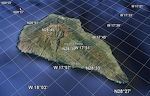 La Palma set fra sydvest. Bemærk det store krater på nordsiden. [Google Earth.]